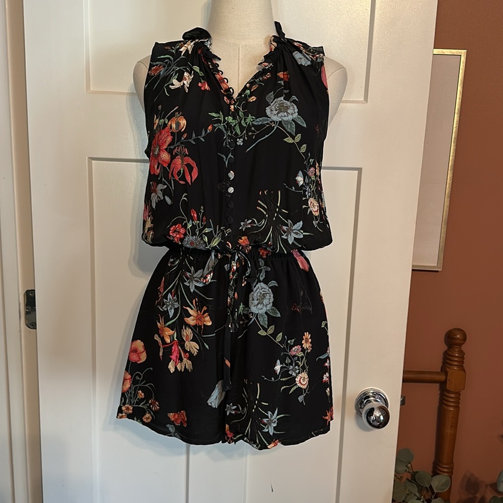 Rebecca Taylor silk Meadow shorts Floral Black lined vneck Sleeveless 4 Romper